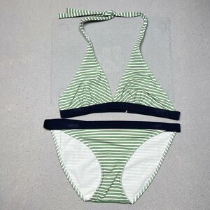 Ann Taylor‎ LOFT Bikini Set Women Size Large Green White Stripe Halter Swimwear